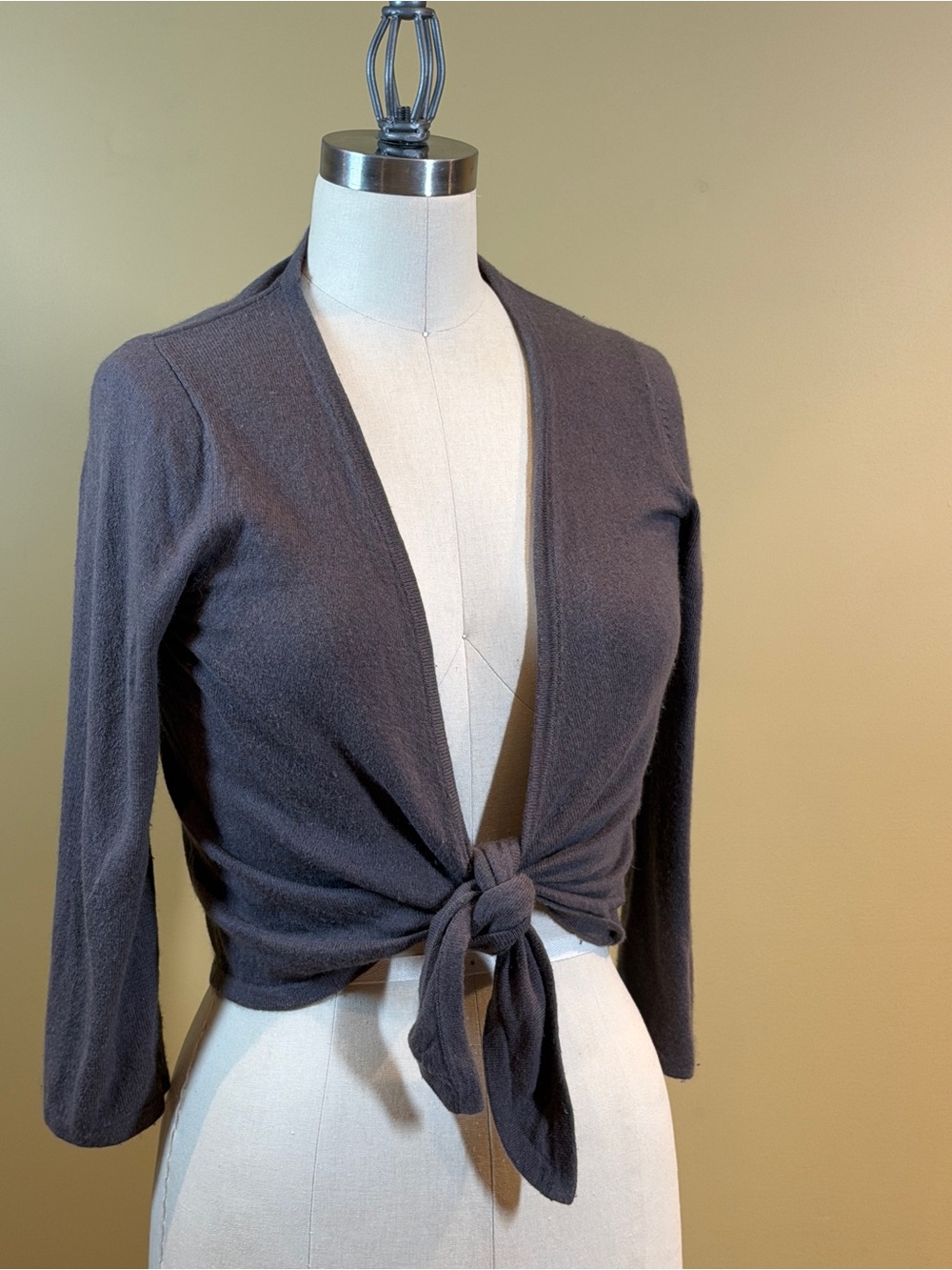 Boden Gray Lightweight Open Front Tie Cardigan Sweater V-Neck 3/4 Sleeve size 8